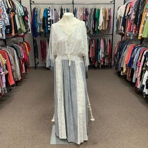 Oddy Boho Tie-Front Maxi Dress in Light Blue and White